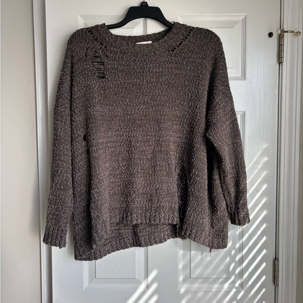 Umgee Textured Brown Crew Neck Sweater - Picture 1 of 3